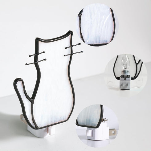 BOXCASA White Cat Night Light, Stained Glass Lamp, Warm Yellow Plug-In Night Light for Living Room, Bedroom, Hallway