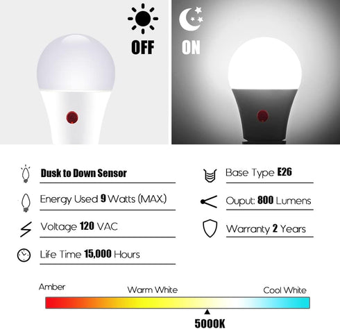 Emotionlite Dusk to Dawn Sensor Light Bulbs Outdoor,Neutral White LED Bulbs, 60 Watt Equivalent, Automatic On/Off, Porch, Patio,Garage, Hallway, Basement, A19 Size, 9W, E26 Medium Base (3 Pack) by Emotionlite