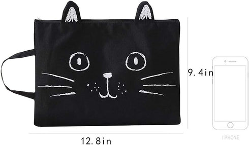 Sun Kea Cute Cat File Folders, A4 Size Zippered Canvas Portfolio Document Pocket, Students Stationery Organizer Handbag