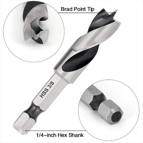 6Pcs Brad Point Drill Bits Stubby Set for Wood | 4241 High Speed Steel Spiral Twist Bit 1/4" Quick Change Hex Shank