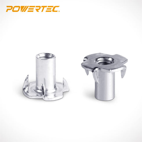 POWERTEC 1/4-20 T Nuts, 50 Pcs | 4 Pronged Tee Nuts for Bolts, Threaded Inserts for Wood Working, Rock Climbing Holds,