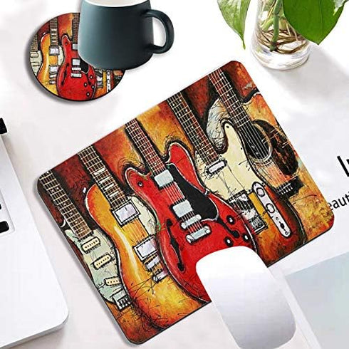 Gaming Mouse Pad Customized Tapestry Guitar Design Non-Slip Rubber Base with Coaster Set for Office and Gaming