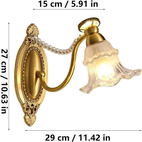 Generic E14 European Vintage Brass Wall Sconce, Romantic Floral Glass Shade with Faux Pearl Accents, LED Light Fixture