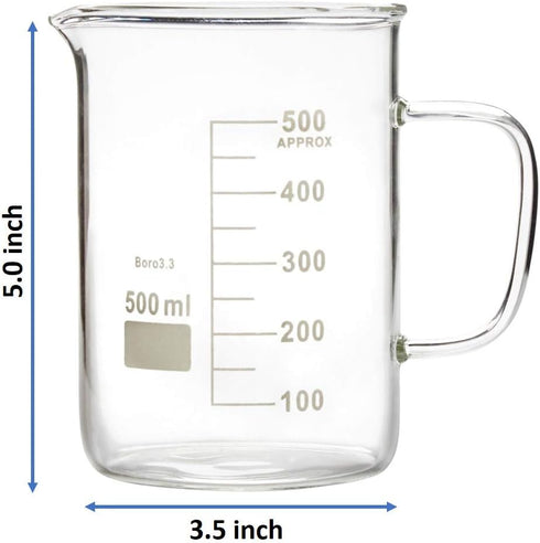 Glass Beaker Mug with Handle, Double Graduated, 500ml (16.9oz/2.1cup) with Pouring Spout