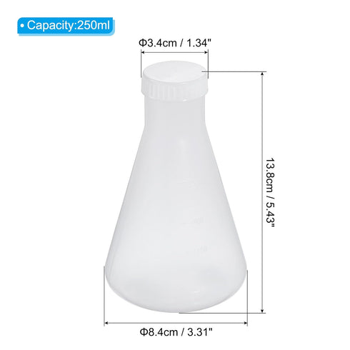 PATIKIL 250ml Plastic Erlenmeyer Flask with Screw Caps, 2 Pack Narrow Mouth Conical Flask for Laboratory, Clear