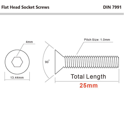 MewuDecor M6-1.0 x 25mm Flat Head Socket Cap Screws, Stainless Steel 18-8, 25 PCS, Bright Finish