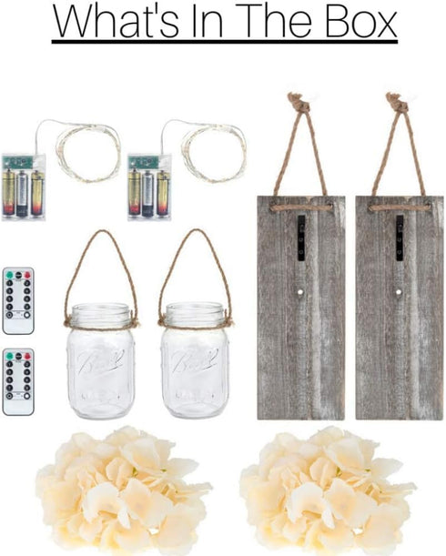 YI LIGHTING Set 2 of - Rustic Wall Sconces - Mason Jars Sconce with Remote Control, Flowers, LED Fairy Lights for Home