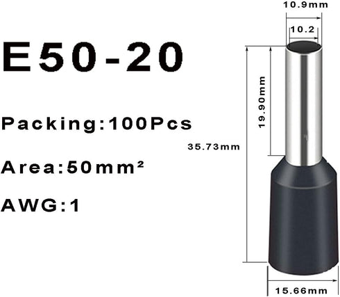 100 Pcs AWG1 Wire Ferrules Terminals, Insulated E50-20 Ferrule Cord Pin End Connectors for Car Audio, Electric,