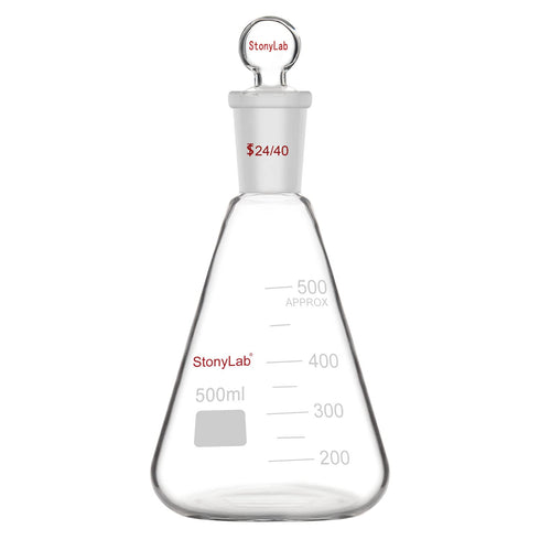 stonylab Glass 24/40 Erlenmeyer Flask with Stopper, 500 ml Borosilicate Glass Heavy Wall Flask with 24/40 Joint