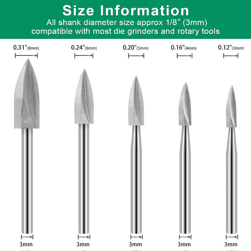 Wood Carving Drill Bits Set for Dremel Rotary Tool, 5Pcs Engraving Accessories with 1/8” Shank for DIY Carving