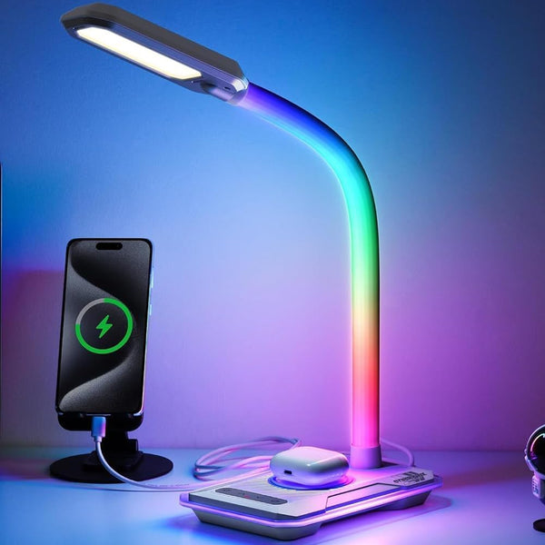 SMARTERIOR RGB Gaming Desk Lamp with Music Sync,Dimmable LED Lamp with Wireless Charging