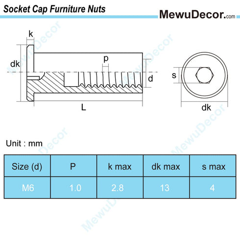 MewuDecor M6 70mm 5 Sets x Socket Cap Furniture Bolts with Barrel Nuts for Furniture Cots Beds Crib and Chairs, Carbon
