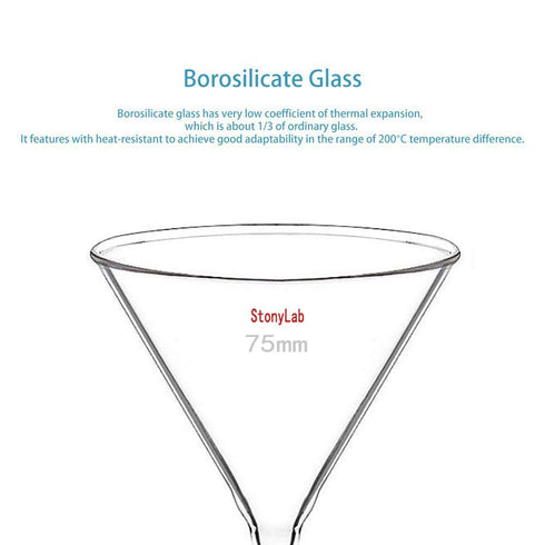 StonyLab 2-Pack Heavy Wall Borosilicate Glass Funnel, Short Stem 75mm Diameter