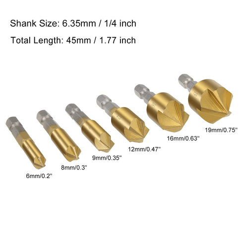 uxcell Countersink Drill Bit Set, 6mm 8mm 9mm 12mm 16mm 19mm Dia, 1/4 Hex Shank, 90 Degree Chamfer Tool, 6pcs