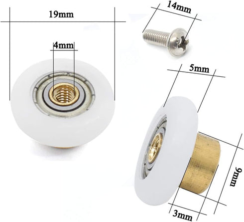 Set of 4pcs 19mm Stainless Steel Shower Door Wheels Rollers, White, 19mm x 4mm