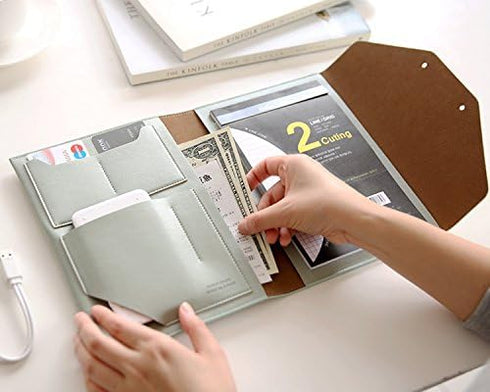 Modern Design A5 Size PU Leather Padfolio with Writing Pad, Pen Holder, Card Slots, Extra Pockets, Mint Gray