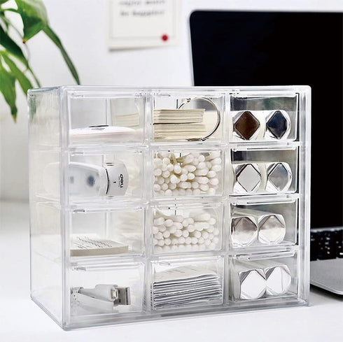 Mini Desktop Drawer Box, 12 Compartments Plastic Organizer for Office, School, Jewelry, Hair Clips, Small Parts Storage