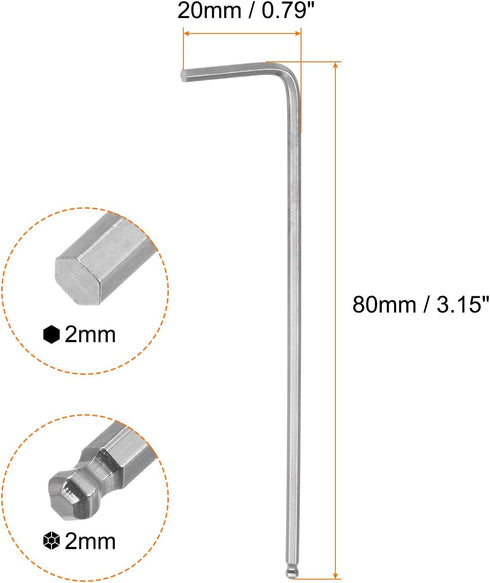 4pcs Ball End Hex Key Wrench 2mm L-Shape Long Arm Hexagon Metric Wrenches Chrome Vanadium Steel Repairing Tool for Home Repair