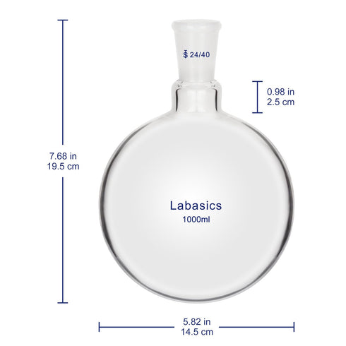 Glass Round Bottom Flask, Borosilicate Heavy Wall Short Neck, 1000 ml with 24/40 Standard Taper Joint