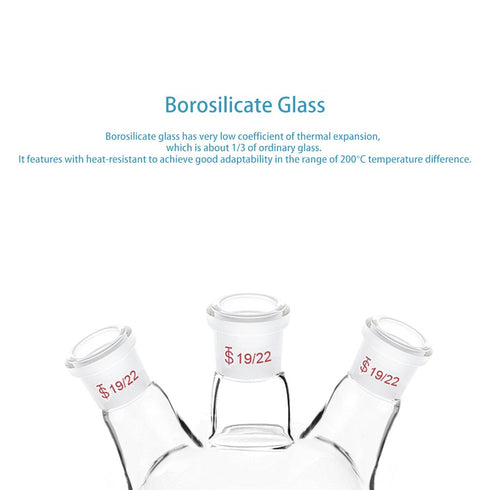 stonylab Glass 500 mL Heavy Wall 3 Neck Round Bottom Flask RBF, 19/22 Center and Side Standard Taper Joint