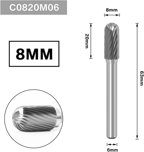 Tungsten Carbide Rotary Burr Die Grinder Bits Single Cut Grinding Head Diameter 8mm with 1/4" Shank Rotary Tool For Woodworking Drilling DIY Engraving Metal Polishing C0820M06