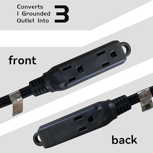 HONDERONS 6FT Black Extension Cord with Flat Plug, 3 Outlets, 14/3 SPT-3, Durable Power Cable for Home, Office