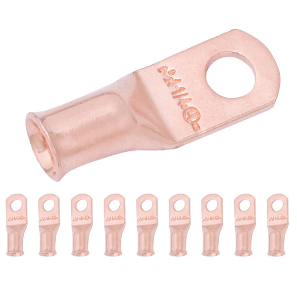 SELTERM 10pcs 4 AWG - 1/4" Stud Battery Lugs, Heavy Duty Wire Lugs, UL Bare Copper Eyelets