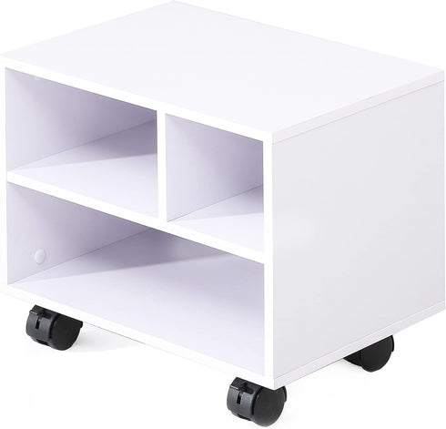 FITUEYES Under Desk Printer Stand - Mobile Small Printer Table with 3 Storage Organizer Compartments, White