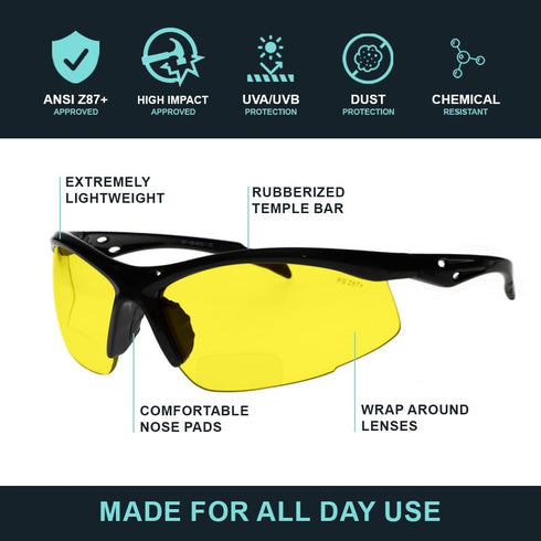 Bifocal Safety Glasses - Safety Glasses with Readers for Healthcare, Woodworkers, Motorcyclists, Workshop - Ansi Z87+ - Polycarbonate Lenses - (Yellow, 3.00)