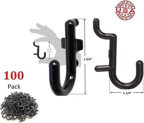 WallPeg 100Pcs Pegboard Accessory Peg Hook Set - Durable Self-Locking Black 1/4" J-Style FlexLock Peg Hooks