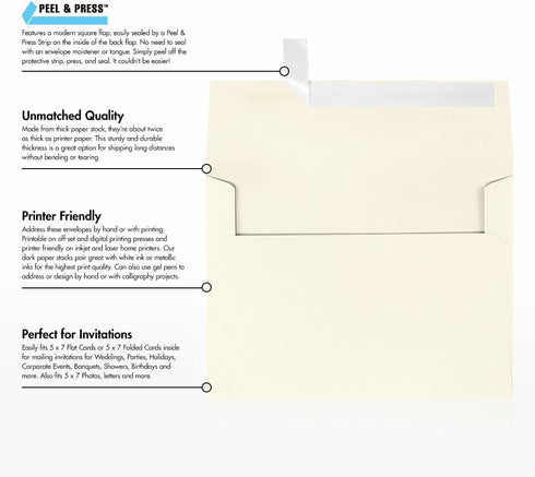 LUXPaper A7 Invitation Envelopes, Peel & Press, 5 1/4" x 7 1/4", Natural, 80lb Text, 50 Qty
