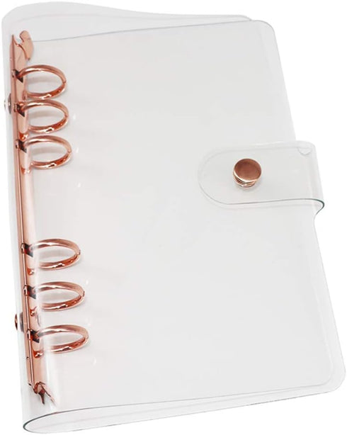 Personal A6 Transparent PVC Binder Cover, Clear Soft PVC Notebook Shell, 6 Rose Gold Ring Protector with Snap Button