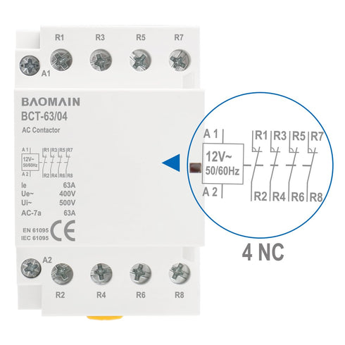Baomain Normally Closed AC Contactor, 63A 4 Pole Universal Circuit Control, 35mm DIN Rail Mount