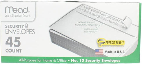 Mead Press-it Seal-it No.10 Security Envelopes, 4.125 x 9.5-Inches, White, 45 Count, Pack of 2 (90 Count Total)