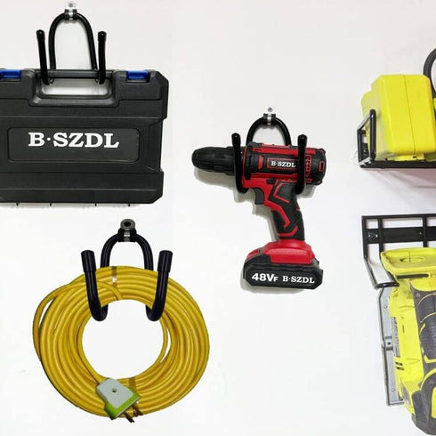 Power Tool Organizer, Wall Mount Garage Storage Rack, Hanger Hook for Drill, Cable, Accessories Bag, Holds 4 Drills