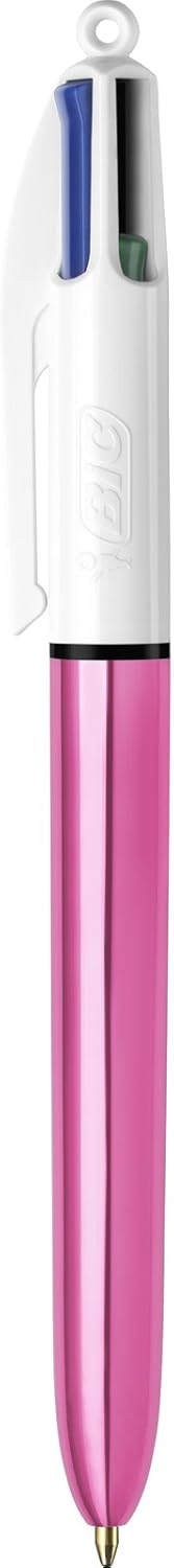 BIC 4 Colours Shine Ballpoint Pens - Box of 12, Metallic Pink Body with 4 Ink Colours