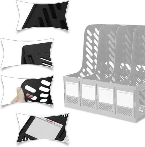 SAYEEC 4 Compartment File Holder, Plastic Magazine Organizer with Blank Labels for A5 Notebook Storage
