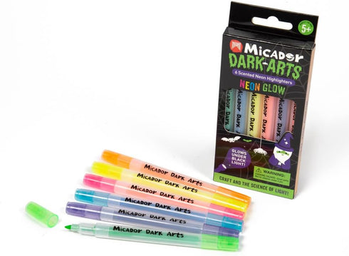 Micador Dark Arts Neon Glow Scented Highlighters, 6-Color Set, Kids Coloring & Drawing, Glows Under Blacklight, Ages 5+
