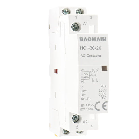 Baomain AC Contactor HC1-20/20, 110V 20A 2 Pole 2NO, Universal Circuit Control DIN Rail Mount