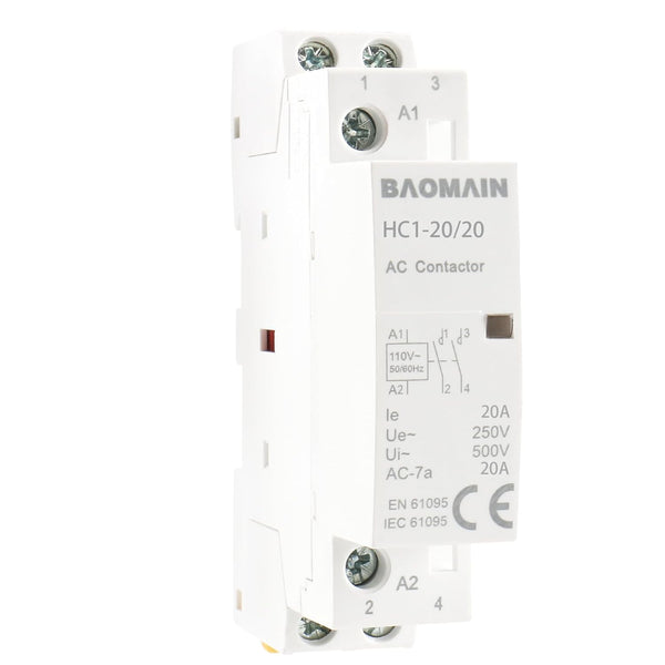 Baomain AC Contactor HC1-20/20, 110V 20A 2 Pole 2NO, Universal Circuit Control DIN Rail Mount