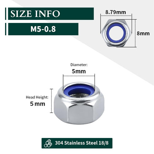 M5-0.8 (50 pcs) Nylon Insert Hex Lock Nuts, 304 Stainless Steel 18-8 Locknut, Bright Finish