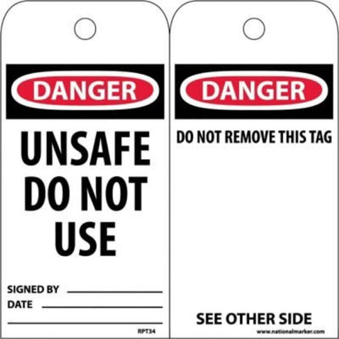 NMC RPT34 Accident Prevention Tag, "DANGER UNSAFE DO NOT USE", 3" Width x 6" Height, Black/Red