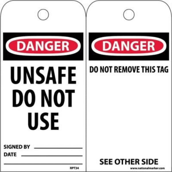 NMC RPT34 Accident Prevention Tag, "DANGER UNSAFE DO NOT USE", 3" Width x 6" Height, Black/Red