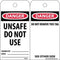 NMC RPT34 Accident Prevention Tag, "DANGER UNSAFE DO NOT USE", 3" Width x 6" Height, Black/Red