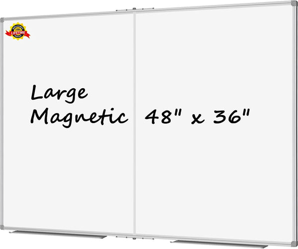 Lockways Large Magnetic Dry Erase Board, 48" x 36", Foldable Wall Mounted Whiteboard with Pen Tray for Business, Home
