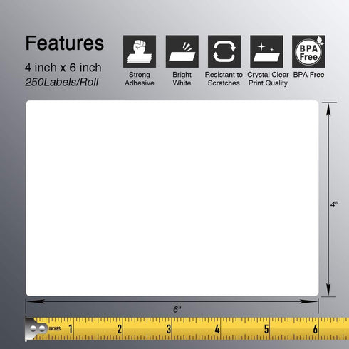 BETCKEY 4" x 6" Shipping Labels, Compatible with Zebra & Rollo Label Printer (1 Roll, 250 Labels)
