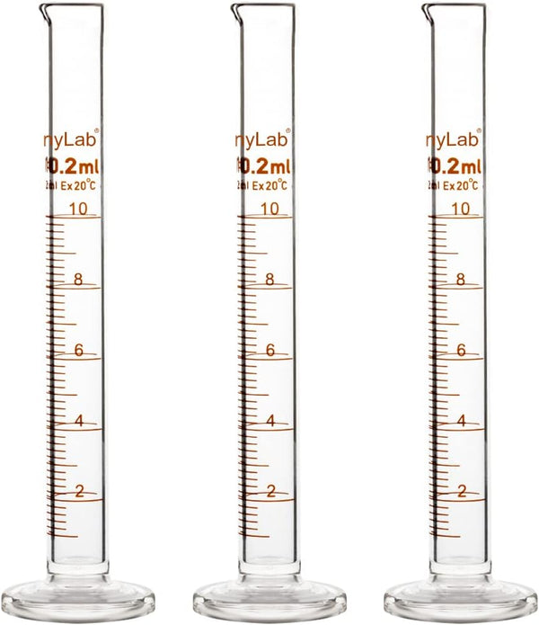StonyLab 3-Pack Borosilicate Glass Graduated Cylinder, 10ml Heavy Wall Measuring Cylinder
