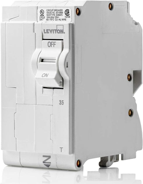 Leviton LB235-T 35A 2-Pole Circuit Breaker, Plug-On Standard, Thermal Magnetic, 120/240 VAC, White