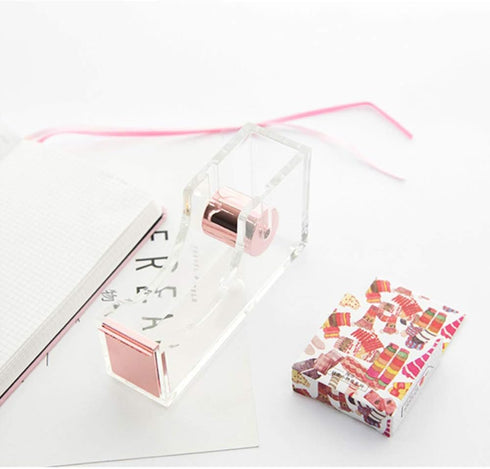 Rose Gold Tape Dispenser, Clear Acrylic Body, 1" Rosegold Metal Core, Desktop Holder for Office, School, Home, Gift