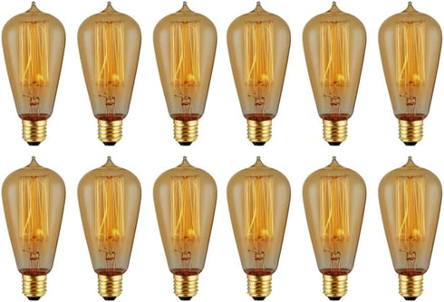 12-Pack Edison Light Bulb 40W - Vintage Squirrel Cage Filament Amber Glass